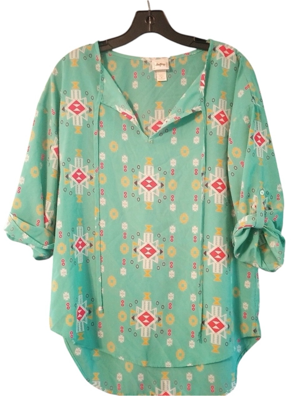 Daytrip Teal Southwest Boho Print Roll Tab Sleeve Blouse Medium
